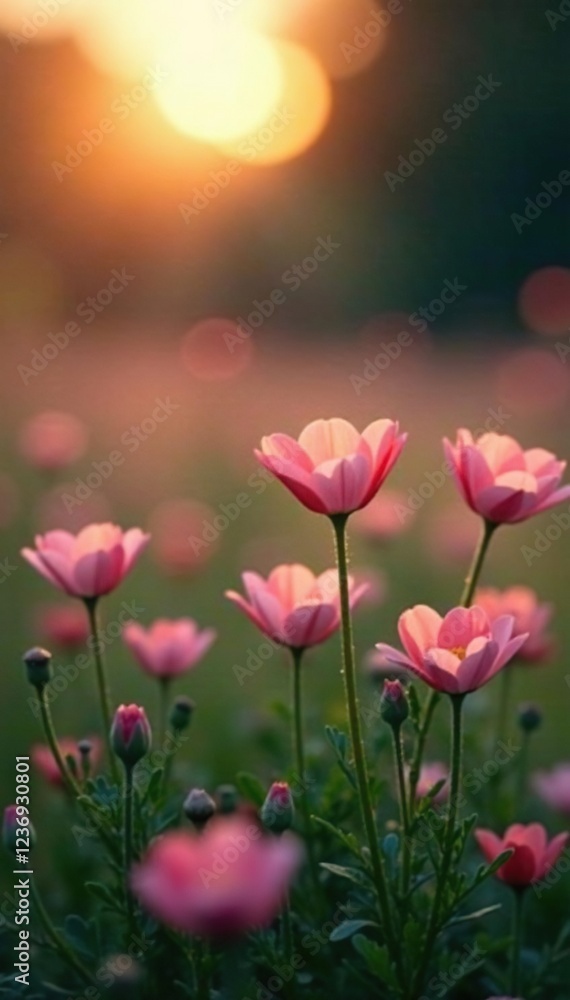 A bed of soft glowing flowers in a tranquil meadow at dawn, serenity, meadow, natural A bed of soft glowing flowers in a tranquil meadow at dawn, serenity, meadow, natural