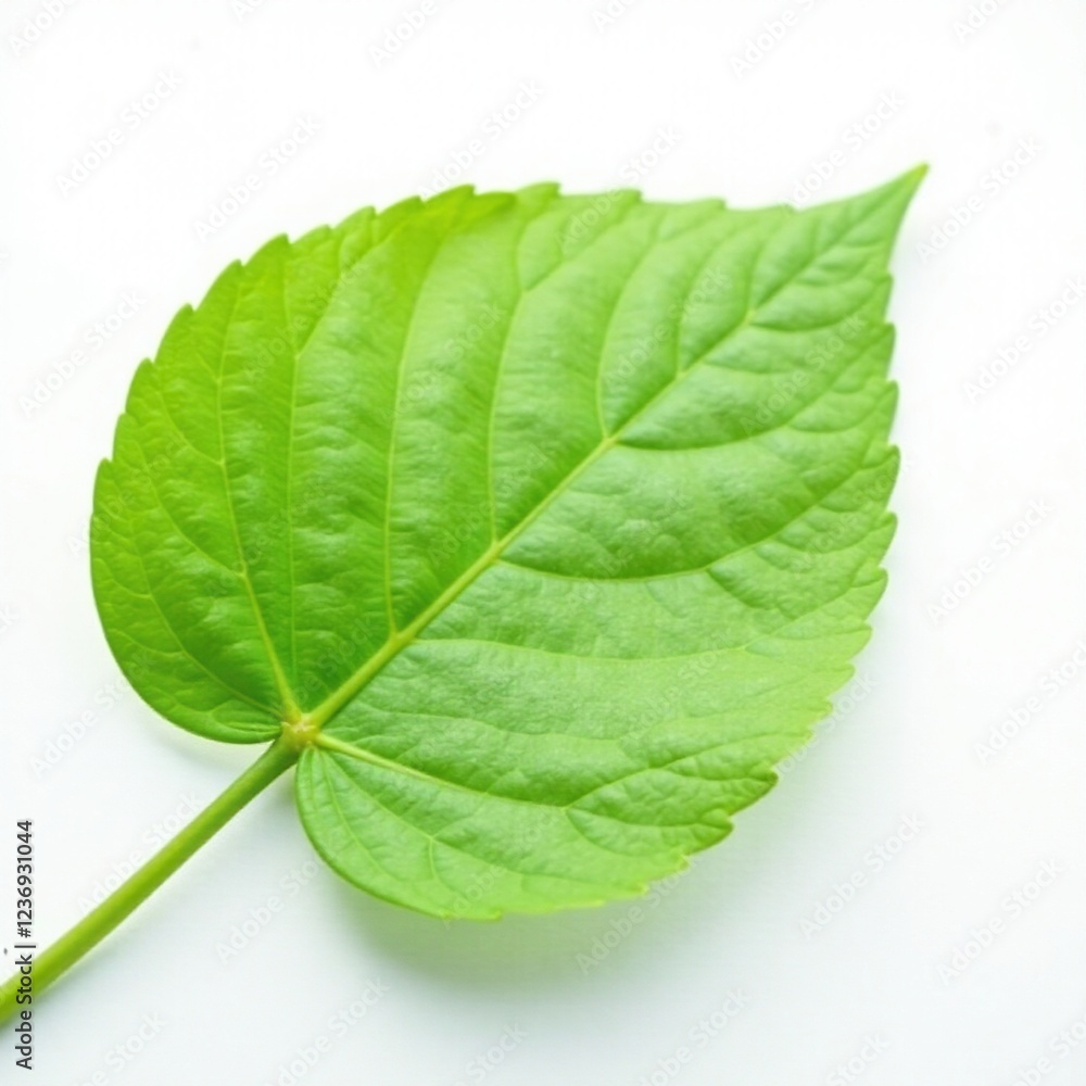 Obraz premium Delicate green leaf isolated on white background with subtle texture, texture, white, minimalist