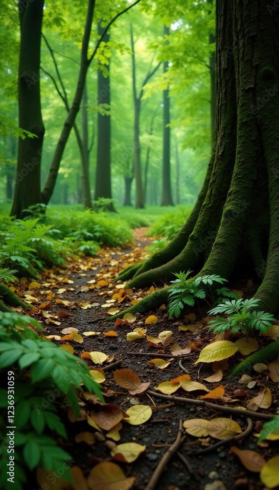 Forest floor covered in willow leaves and twigs, tree roots, ferns, forest ecosystem Forest floor covered in willow leaves and twigs, tree roots, ferns, forest ecosystem