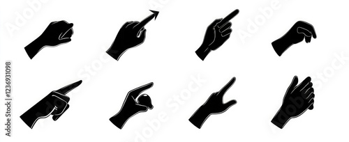 Black and white vector icons of a hand with a mouse arrow finger pointing or with cel shading photo