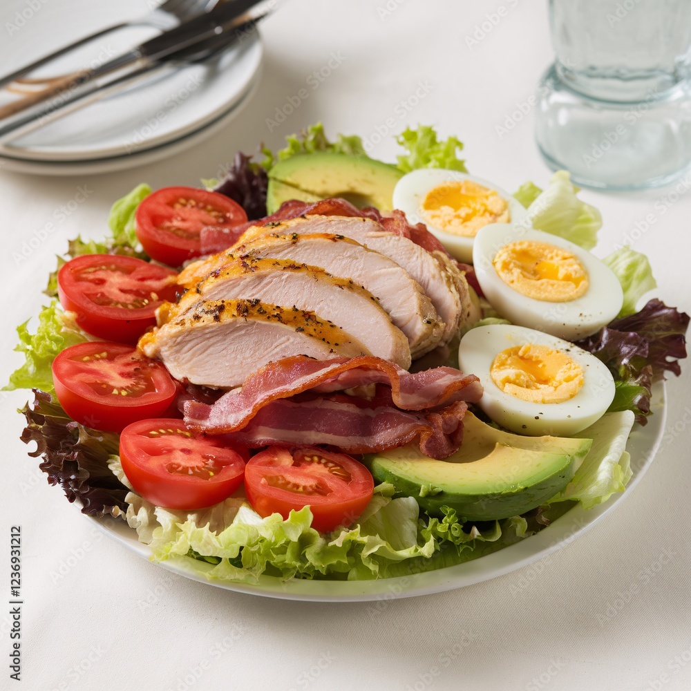 Fresh and vibrant Cobb salad on a white plate. Fresh and vibrant Cobb salad on a white plate.