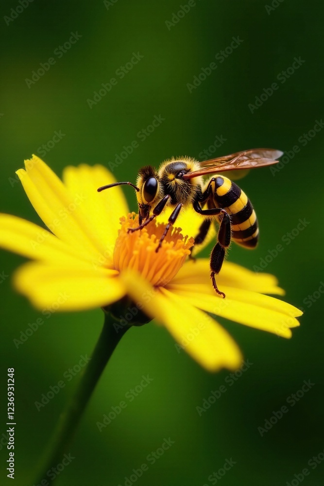 Yellow and black striped hornet sipping nectar from a bright yellow flower, bee, insect photography, wildlife Yellow and black striped hornet sipping nectar from a bright yellow flower, bee, insect photography, wildlife