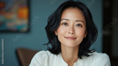 Free Download Smiling asian female adult with black hair in white blouse. - GFXLoad