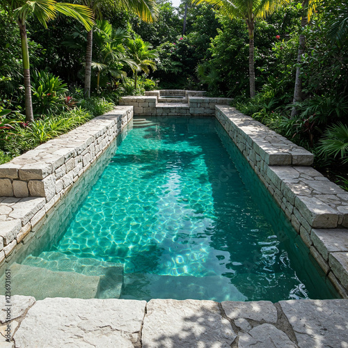  Engaging swimming pool made of stone located in a  forrest surrounded by lush vegetation.Concept of summer, holiday and enjoyment.