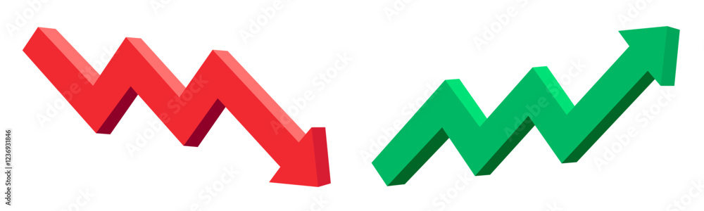 Green up and red down 3d arrow graph showing rising and descending trend, boosting of business result, decrease and growing investment profit symbol Green up and red down 3d arrow graph showing rising and descending trend, boosting of business result, decrease and growing investment profit symbol