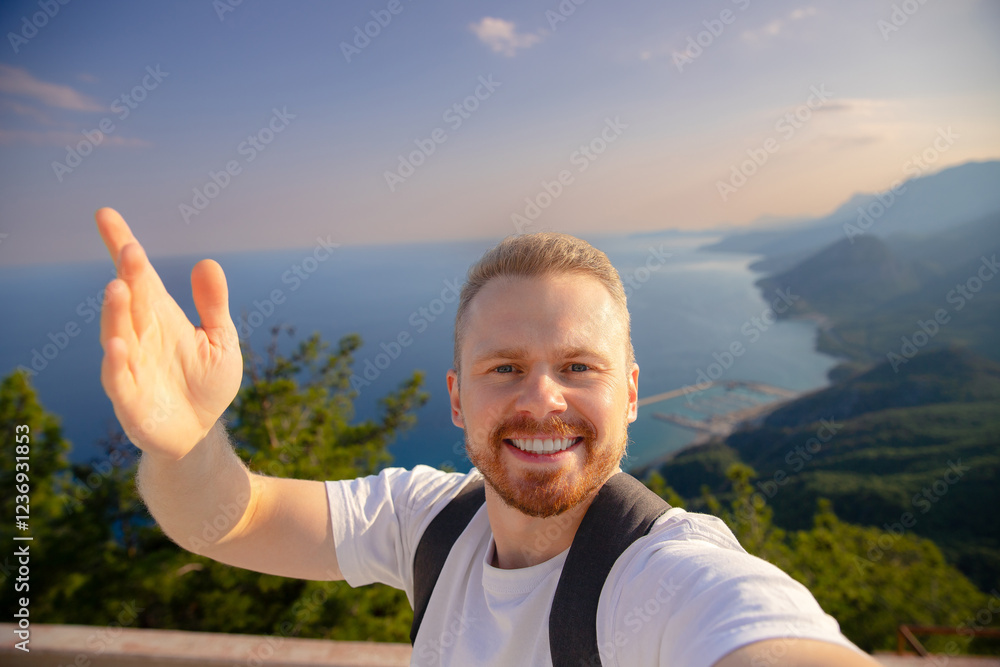 Caucasian young male selfie on Antalya cable car with scenic view Turkey Caucasian young male selfie on Antalya cable car with scenic view Turkey