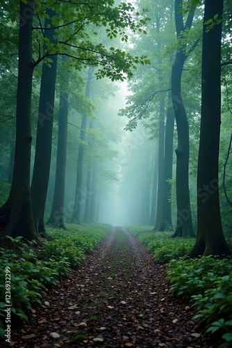 Foggy forest path beneath towering trees' leafy canopy, trees, serenity photo