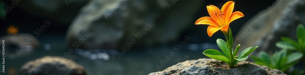 Naklejka premium Orange yello lily stem with green leaves sprouting from a rocky crevice, leaves, flowers