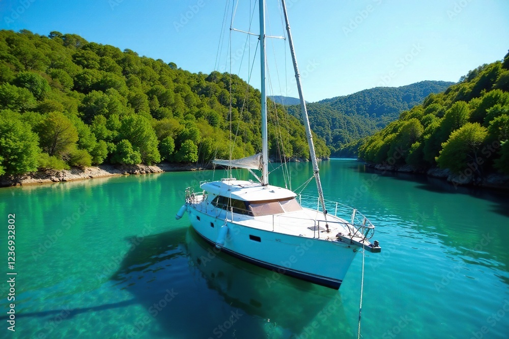 Anchored white yacht with ropes and tackle on crystal clear blue waters amidst emerald forest foliage, forest, foliage Anchored white yacht with ropes and tackle on crystal clear blue waters amidst emerald forest foliage, forest, foliage