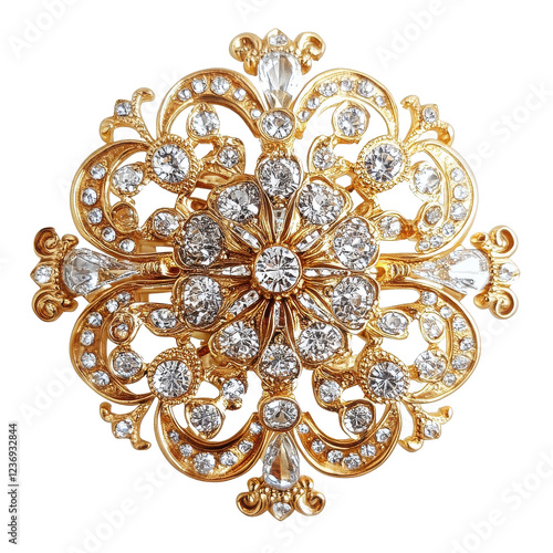 Intricate Vintage-Inspired Gold and Diamond Brooch Isolated on Transparent or blank Background, PNG