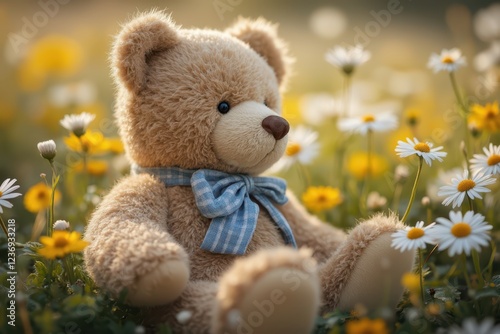 a teddy bear sitting in a field of daisies