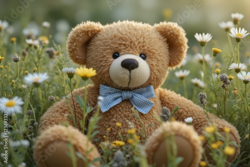 a teddy bear sitting in a field of daisies