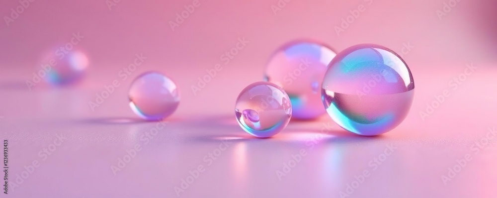 Iridescent orbs resting on a soft pink surface with subtle shine, reflection, surface Iridescent orbs resting on a soft pink surface with subtle shine, reflection, surface