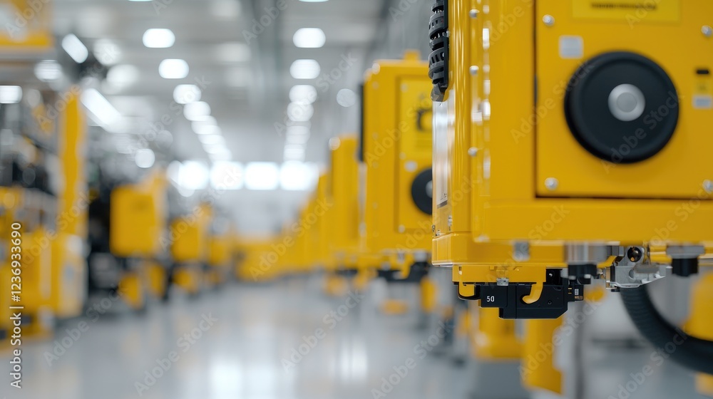 Factory production line, yellow machinery, industrial automation, clean facility Factory production line, yellow machinery, industrial automation, clean facility