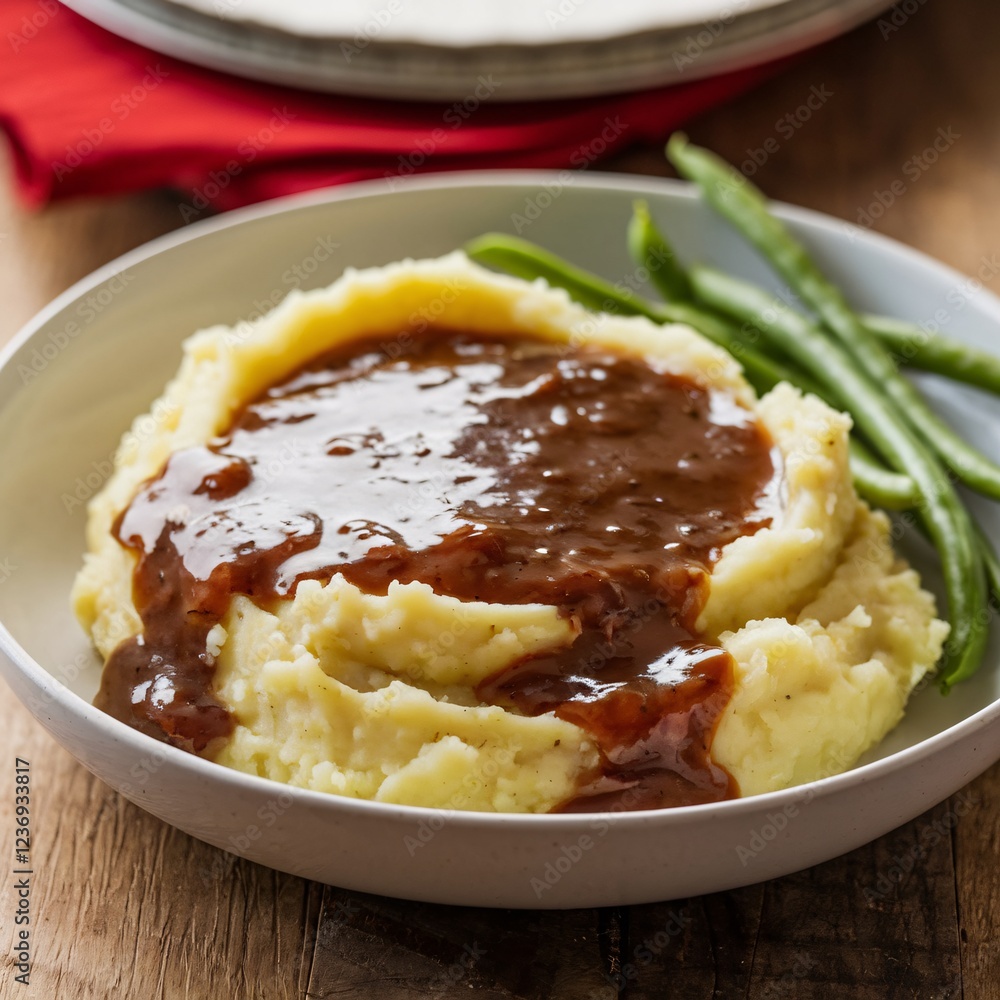 Creamy mashed potatoes with rich brown gravy. Creamy mashed potatoes with rich brown gravy.