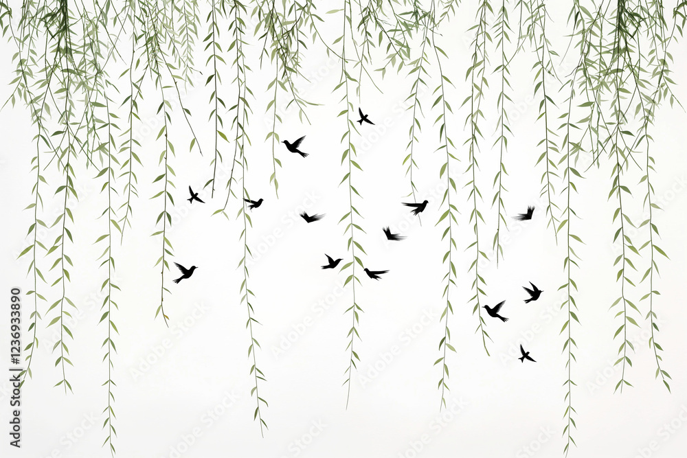 Fototapeta premium Delicate willow branches gracefully hang from above, their slender green leaves cascading down against a pure white background