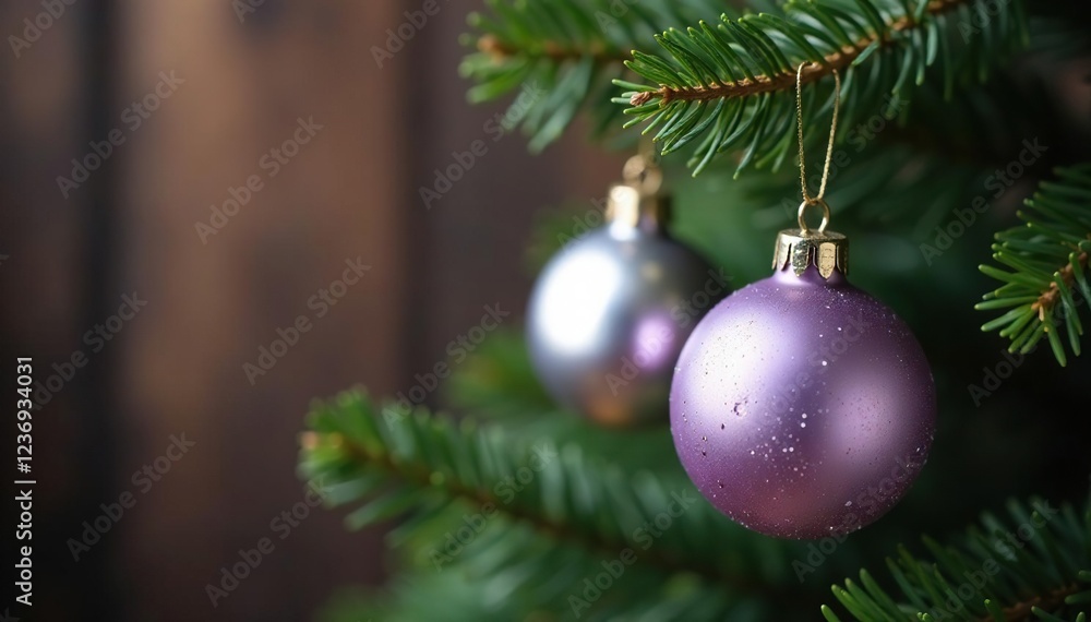 Lavender and silver ornaments in soft focus hang from a rustic wooden tree, holly, ornaments Lavender and silver ornaments in soft focus hang from a rustic wooden tree, holly, ornaments