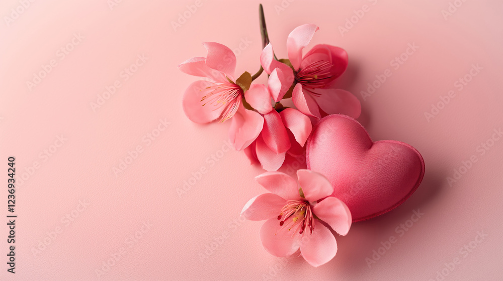 Silk Cherry Apple Blossoms with Satin Heart. Spring composition with cherry blossoms with a satin heart on a pastel pink backdrop, perfect for greeting cards, backgrounds, and romantic themes. Silk Cherry Apple Blossoms with Satin Heart. Spring composition with cherry blossoms with a satin heart on a pastel pink backdrop, perfect for greeting cards, backgrounds, and romantic themes.