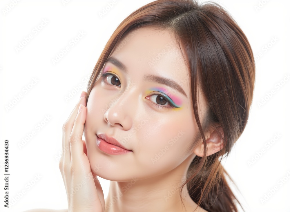 Close-up shot of a model's face with creative, colorful makeup and a stylish hairstyle. Close-up shot of a model's face with creative, colorful makeup and a stylish hairstyle.