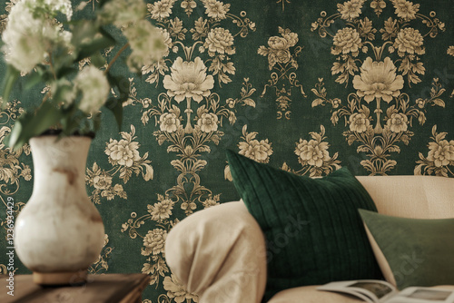 A luxurious vintage green wallpaper designed for classical and oriental interior aesthetics, featuring intricate floral and damask patterns woven with elegant gold detailing