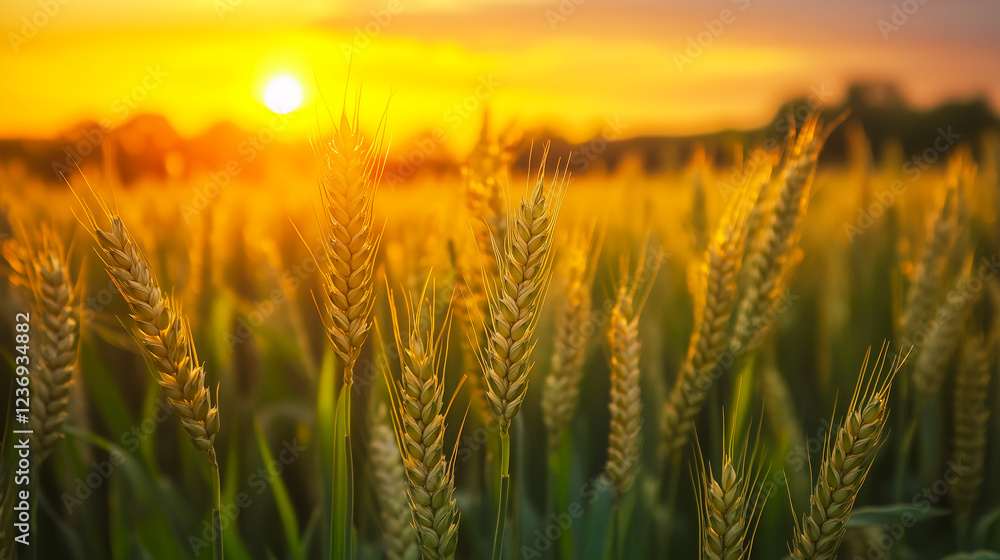 Golden wheat field at sunset with warm sunlight and glowing sky, perfect for agricultural advertisements, organic farming websites, rural lifestyle blogs, and harvest-themed marketing materials Golden wheat field at sunset with warm sunlight and glowing sky, perfect for agricultural advertisements, organic farming websites, rural lifestyle blogs, and harvest-themed marketing materials