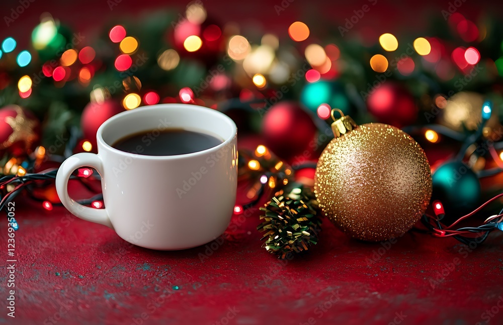 Christmas coffee mug with lights and ornaments on red background. Christmas coffee mug with lights and ornaments on red background.