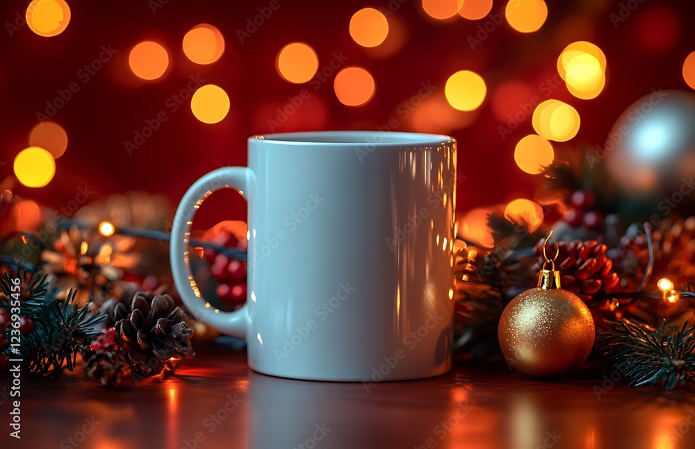 White mug on wooden table with Christmas ornaments and lights. White mug on wooden table with Christmas ornaments and lights.