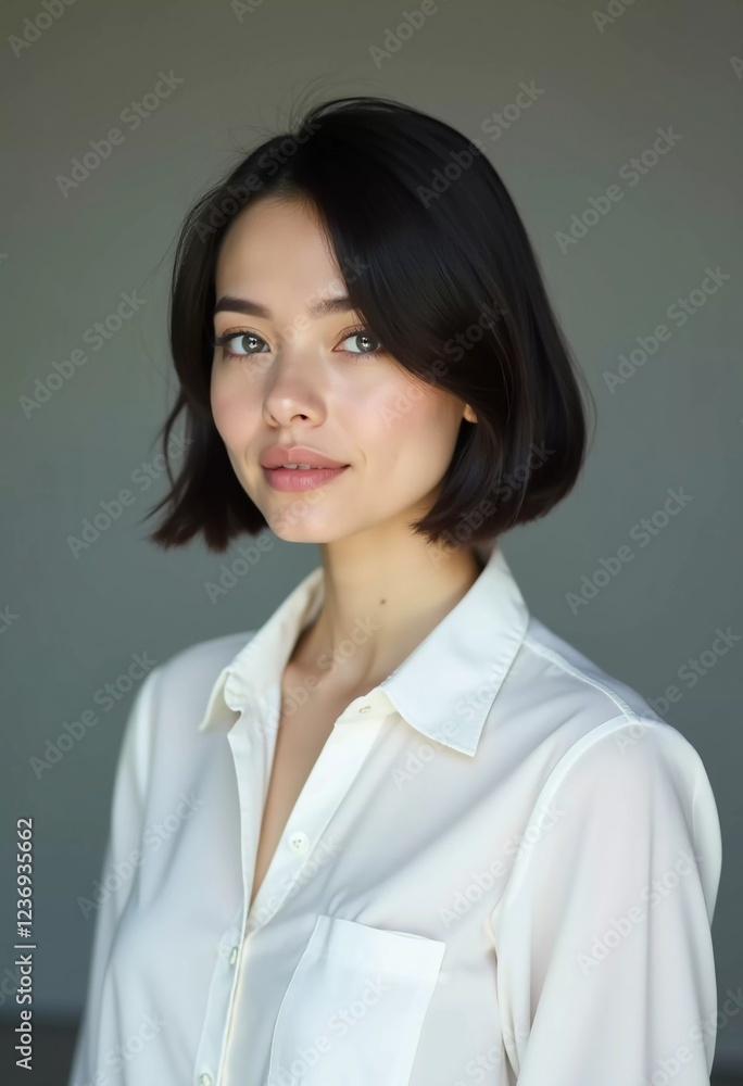 A young professional in a white shirt stands showcasing a warm smile in a contemporary office environment filled with soft, ambient light. Cute Asian brunette with bob haircut. Generative AI A young professional in a white shirt stands showcasing a warm smile in a contemporary office environment filled with soft, ambient light. Cute Asian brunette with bob haircut. Generative AI