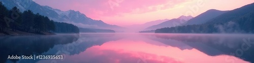 Wallpaper Mural Soft pink hues dance across a serene lake at dawn, serene, reflection, soothing Torontodigital.ca
