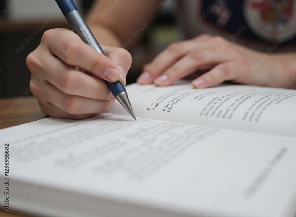 Close-up of a book or textbook, with a person's hands highlighting or taking notes Close-up of a book or textbook, with a person's hands highlighting or taking notes