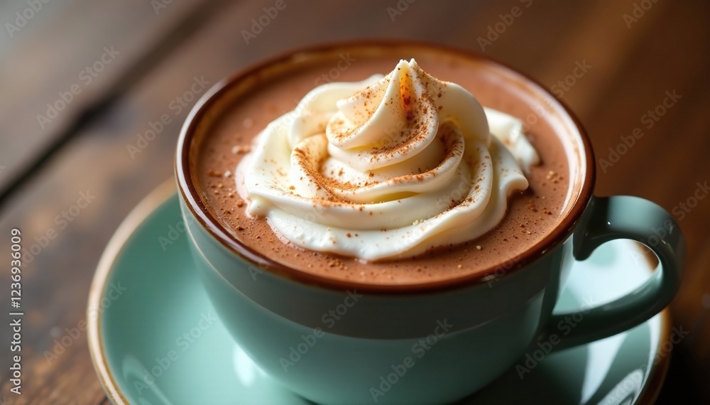 Rich hot chocolate topped with fluffy whipped cream and a sprinkle of cinnamon, hot chocolate, toppings, condiment Rich hot chocolate topped with fluffy whipped cream and a sprinkle of cinnamon, hot chocolate, toppings, condiment