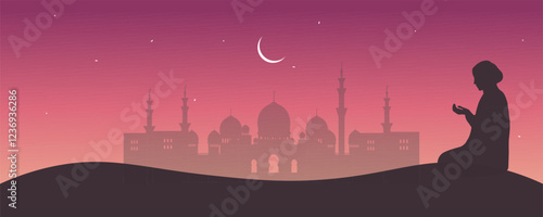 Eid Mubarak Islamic Banner with silhouette of White Mosque in Abu Dhabi, silhouette of prayer and sand desert. Card for Ramadan on dark background with moon and stars. Vector illustration