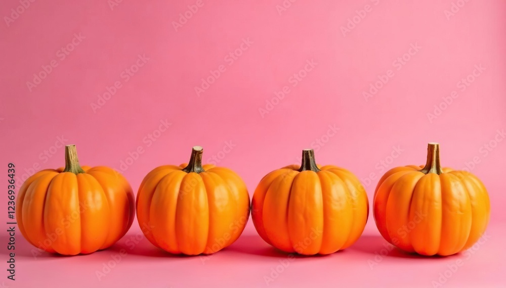 Four orange pumpkin lanterns in a row on pink background, autumn, pumpkin lanterns Four orange pumpkin lanterns in a row on pink background, autumn, pumpkin lanterns