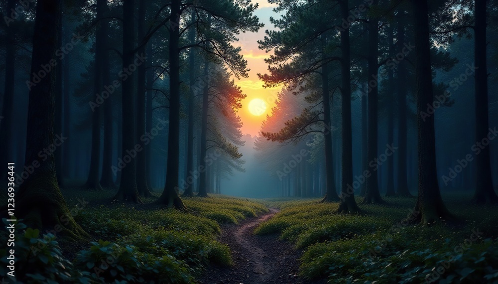 Obraz premium Forest at dusk with moonlight casting long shadows on the ground, landscape, ambiance, foliage