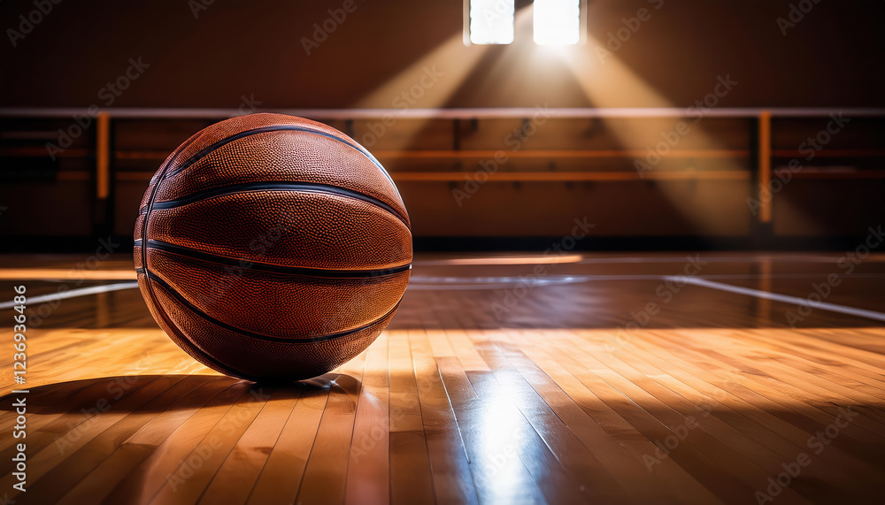 hardwood basketball resting on polished court, illuminated by sunlight hardwood basketball resting on polished court, illuminated by sunlight