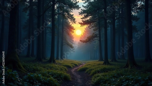 Wallpaper Mural Forest at dusk with moonlight casting long shadows on the ground, landscape, ambiance, foliage Torontodigital.ca