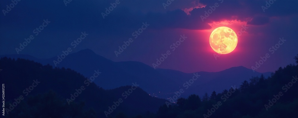 Fototapeta premium Dark blues and purples in the evening sky with a glowing full moon, dark, moody