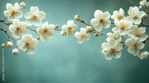 Spring blossoms on branches against aqua background - nature and floral design for decor