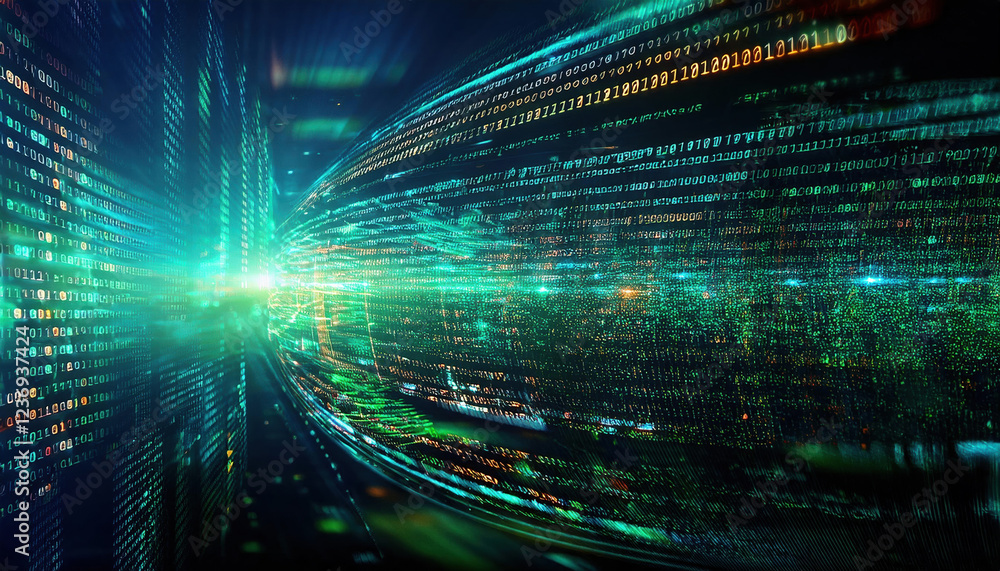 Abstract digital background with glowing binary code and lines of light Abstract digital background with glowing binary code and lines of light