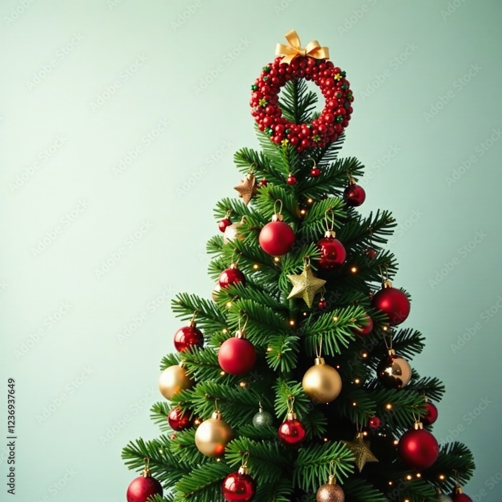 A colorful wreath placed at the top of a tall Christmas tree, festive, decorations, mistletoe A colorful wreath placed at the top of a tall Christmas tree, festive, decorations, mistletoe