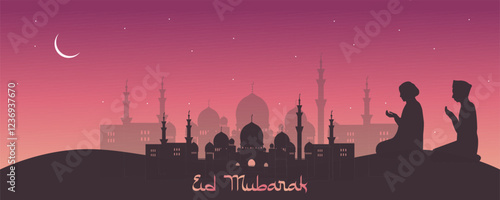 Eid Mubarak Islamic Banner with silhouette of White Mosque in Abu Dhabi, silhouettes of prayers and sand desert. Card for Ramadan on dark background with moon and stars. Vector illustration