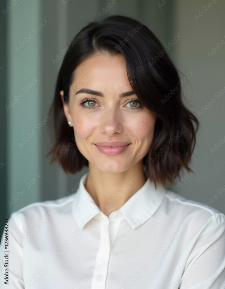 A young professional in a white shirt stands showcasing a warm smile in a contemporary office environment filled with soft, ambient light. Cute brunette with beautiful bob haircut. Generative AI A young professional in a white shirt stands showcasing a warm smile in a contemporary office environment filled with soft, ambient light. Cute brunette with beautiful bob haircut. Generative AI