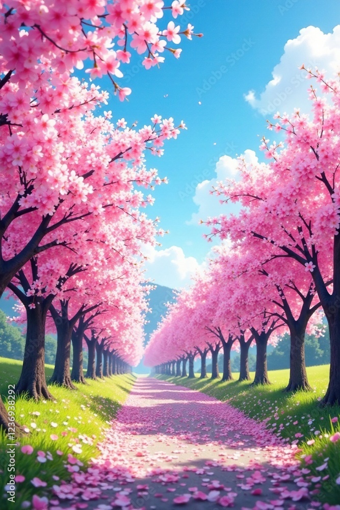 A carpet of cherry blossoms under a clear sky, clear blue sky, springtime, cherry blossoms A carpet of cherry blossoms under a clear sky, clear blue sky, springtime, cherry blossoms
