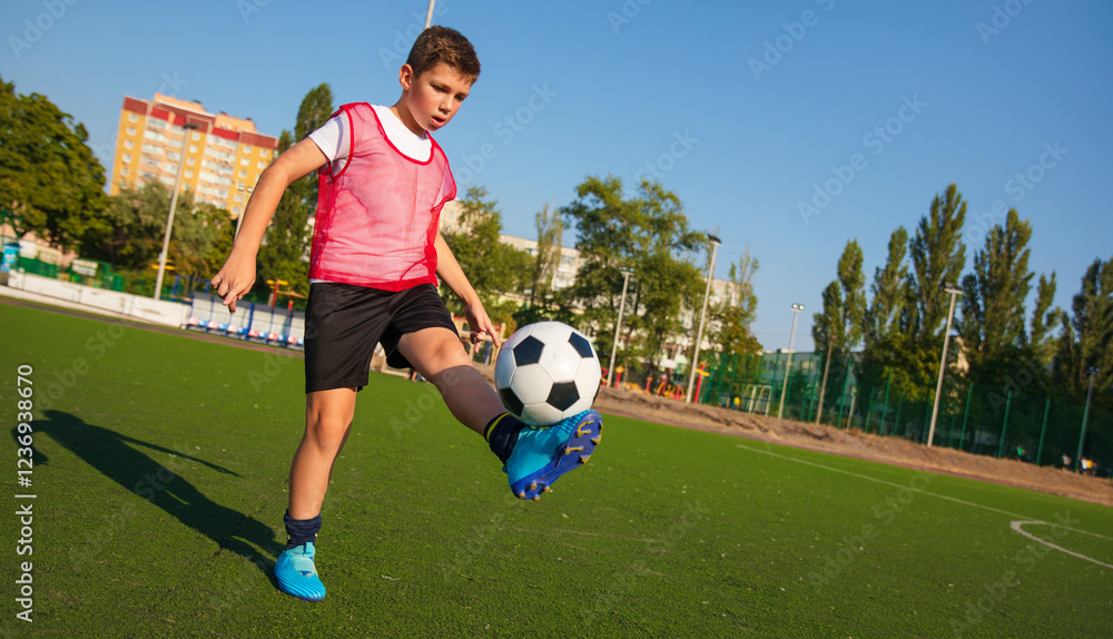 A young soccer player in a red training vest kicks a soccer ball on a green field. The action is captured with the player in motion, and a clear blue sky and buildings are visible in the background. A young soccer player in a red training vest kicks a soccer ball on a green field. The action is captured with the player in motion, and a clear blue sky and buildings are visible in the background.