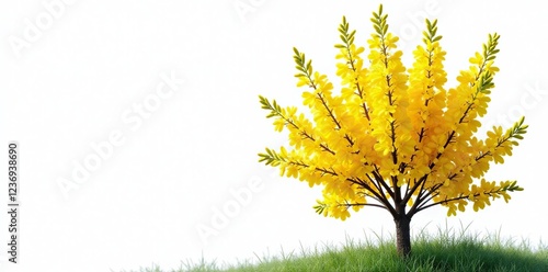 Tall forsythia bush with full yellow blooms against a white background, foliage, greenery, spring