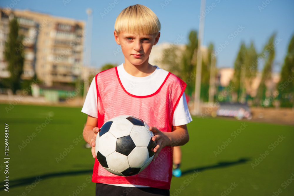 A young soccer player in a red training vest holds a soccer ball on a green field. In the background, other players are visible practicing, with buildings and trees in the distance under a clear sky. A young soccer player in a red training vest holds a soccer ball on a green field. In the background, other players are visible practicing, with buildings and trees in the distance under a clear sky.