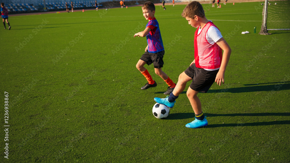 The photo shows two young soccer players on a green artificial turf field. One is kicking a soccer ball, while the other is in motion, both wearing colorful training jerseys and athletic gear. The photo shows two young soccer players on a green artificial turf field. One is kicking a soccer ball, while the other is in motion, both wearing colorful training jerseys and athletic gear.