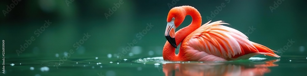 Fototapeta premium Flamingo's delicate feathers dance with water droplets, reflections, soft focus, nature