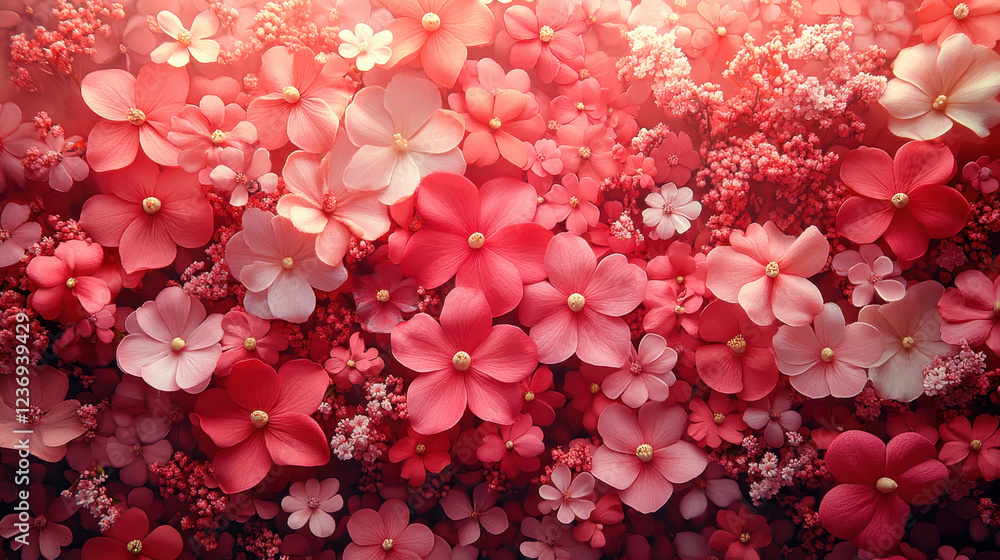 Obraz premium Vibrant spring floral background with pink and red blossoms for design
