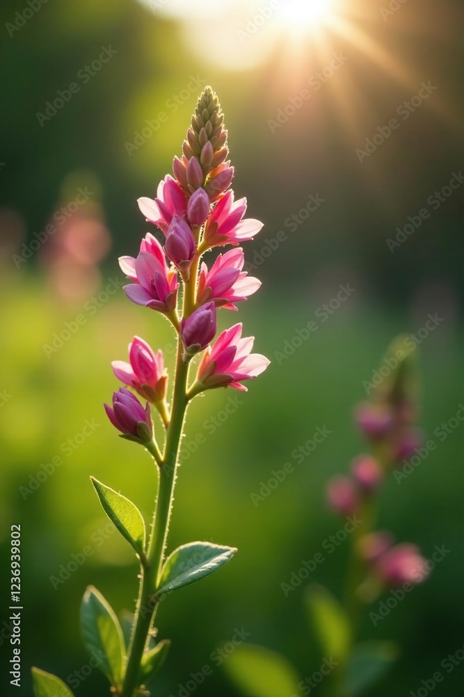 sprig of Ononis Arvensis with pink blooms in sunlight, , wildflower sprig of Ononis Arvensis with pink blooms in sunlight, , wildflower